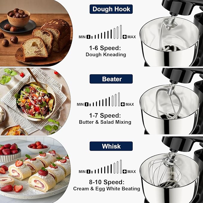Camic Stand Mixer, 4.2QT+5.3QT Two bowls Electric Food Mixer, 10 Speeds with Digital setting 3-IN-1 Kitchen Mixer for Baking Cakes Cookie Bread Salad with Egg Whisk,Dough Hook,Flat Beater (Black)