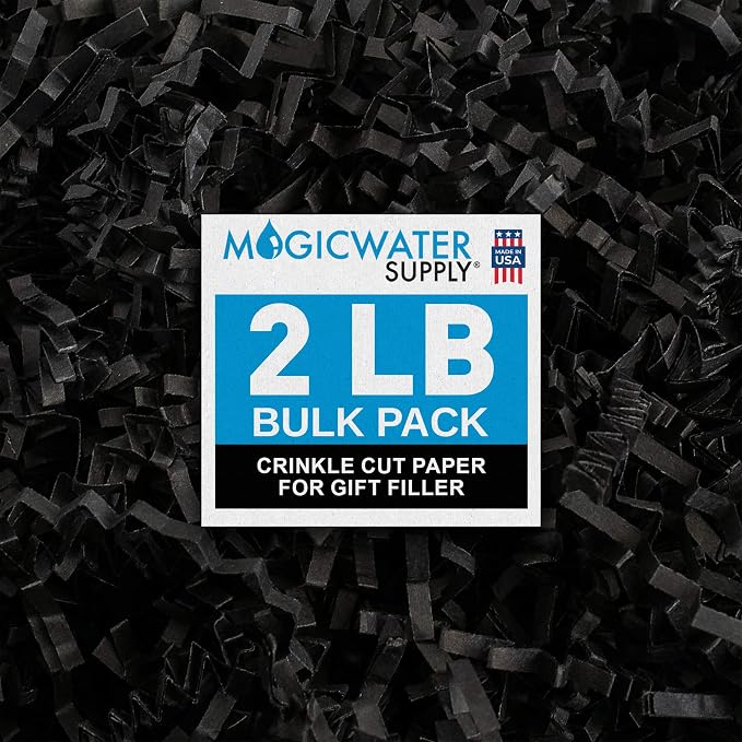 MagicWater Crinkle Cut Paper for Gift Baskets - 2LB - Black - Perfect for Shredded Paper Filler, Basket Filler, Gift Boxes, Bridesmaid Gifts, Christmas Stuffers & More – Ideal for All Occasions