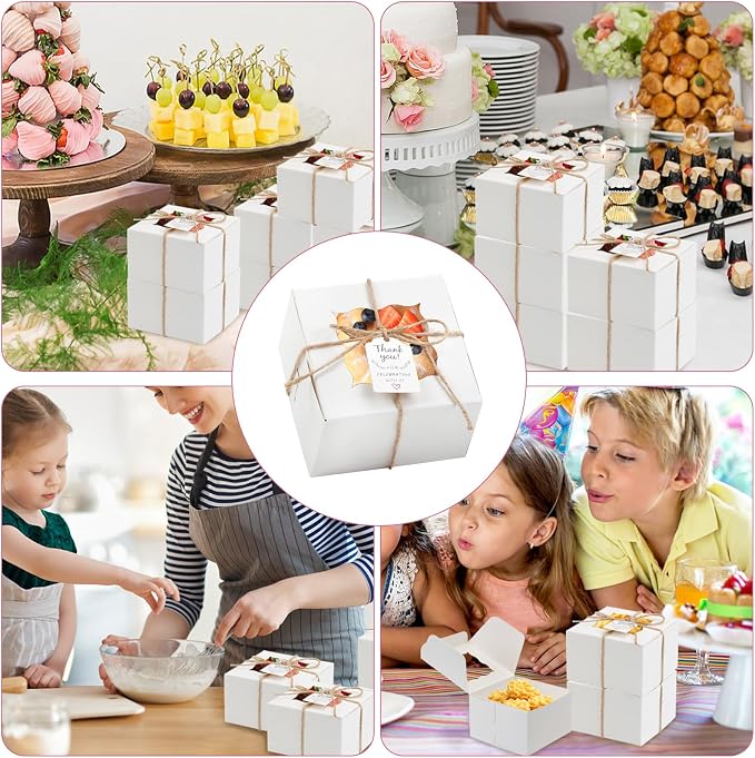 OAMCEG 60pcs Cookie Boxes with Window, 4x4x2.5 Inch Bakery Treat Boxes with Cake-Themed Stickers for Mini Cake, Pastry, Dessert, Chocolate, Strawberries, Party Favors (white)