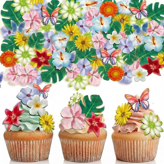 54 Pcs Edible Flowers Cupcake Cake Toppers Decorations Wafer Paper Green Leaf & Tropical Flower for for Hawaiian Birthday Tropical Luau Summer Party Wedding