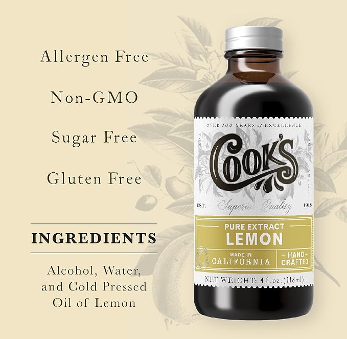 Cook's Pure Lemon Extract, Premium Quality, Cold Pressed Lemon, Sugar Free, Gluten Free, Allergen Free, 4 oz