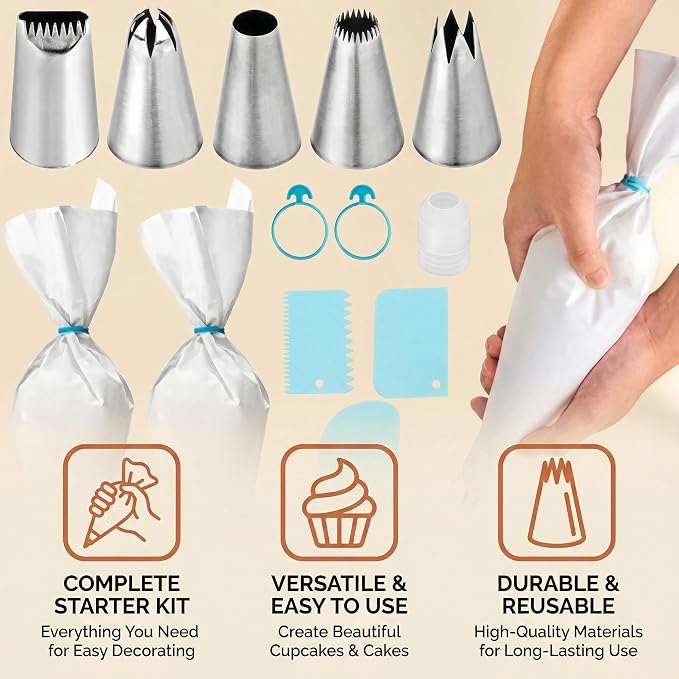Baking & Pastry Tool Kit, 14 Nozzles & 6 Blue Scrapers, Reusable Bags & Ties, Versatile Kitchen Accessories for Decorating & Dough Shaping (14)