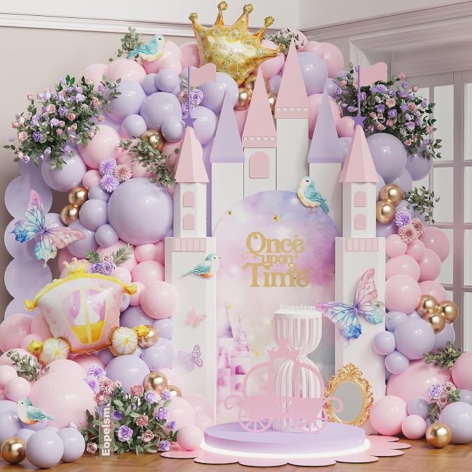 Princess Balloon Arch Garland Kit 150Pcs Pastel Macaron Pink and Purple Balloon with Carriage Crown Foil Balloons for Spring Princess Baby Shower Birthday Party Decorations