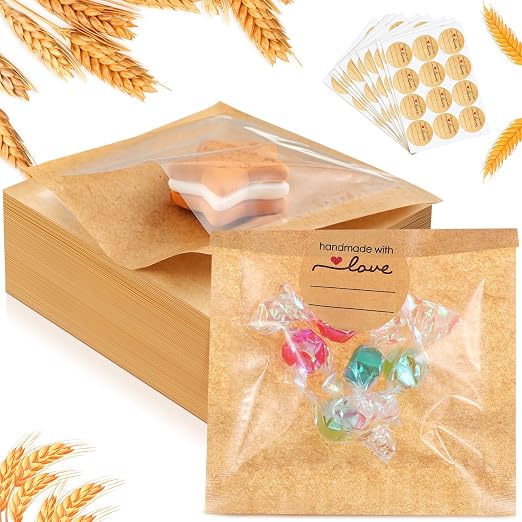 Outus 100 Pcs Cookie Packaging Bags with Seal, 3 x 3 Inch Bakery Pastry Bags with Window, Heat Sealable Grease Resistant Paper to Go Bake Sleeves for Gift Giving Donut Bread Sandwich (Brown)