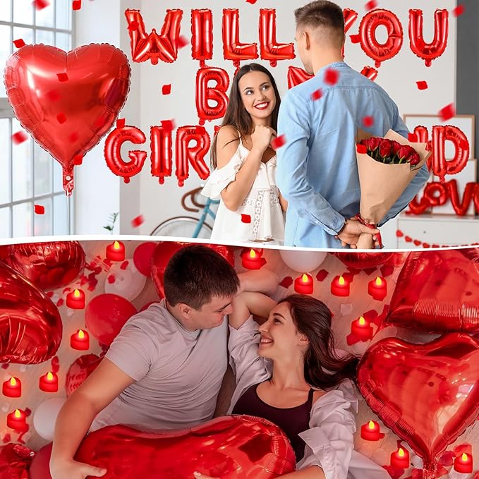 Will You Be My Girlfriend Balloon Proposal Decor 24 LED Flameless Tealight Heart Candle 2000 Artificial Rose Petals Love Balloon for Engagement Wedding Decor Romantic Special Night(Red)