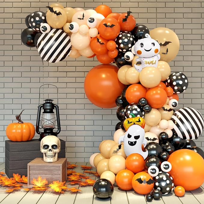 Orange Halloween Balloon Arch Garland, Orange Sand White Party Balloons with Ghost 18-In Strip Foil Balloon Eyeball Balloons Apricot Black Dot Latex Balloon Bat Sticker for Halloween Party Supplies