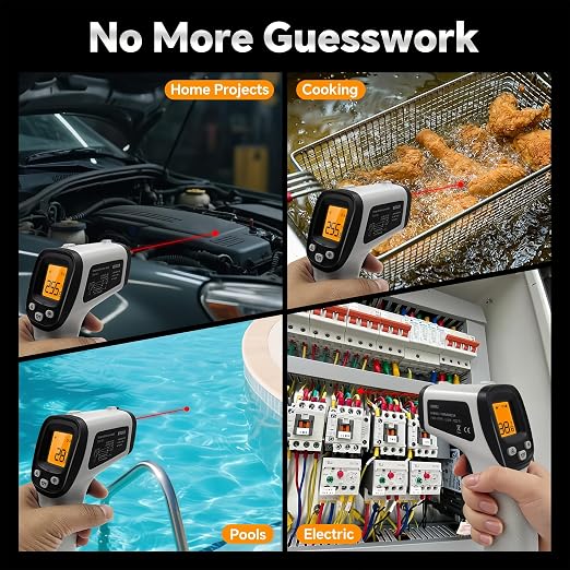 Infrared Thermometer Gun, Digital Laser Temperature Gun -58°F to 1022°F, Adjustable Emissivity, LCD Backlight, MAX/MIN Display, Non-Contact Thermometer for Pizza Oven, BBQ, HVAC, Griddle