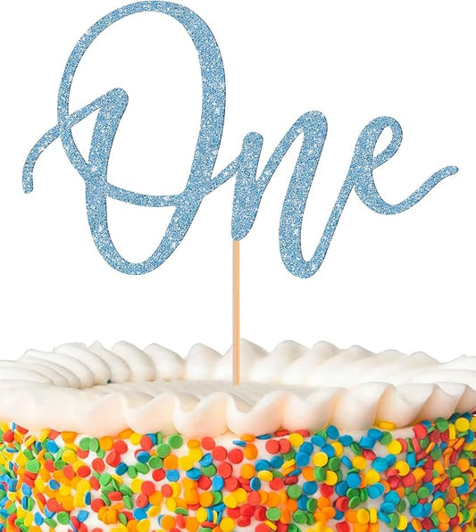 MYAMPED First Birthday Cake Topper - Glitter Sky Blue One Sign 1st birthday Cake Decorating Supplies, Suitable for Baby Shower Favors, Baby Gender Reveal, Baby Birthday Party (Sky Blue)