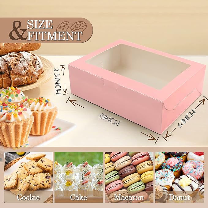 KPOSIYA 65 PCS 8x6x2.5 Inch Cookie Boxes with Window Pink Bakery Boxes Pastry Boxes for Gift Giving, Treat, Dessert, Cupcakes, Chocolate, Strawberries, Donuts, Muffins (5 Style Windows)