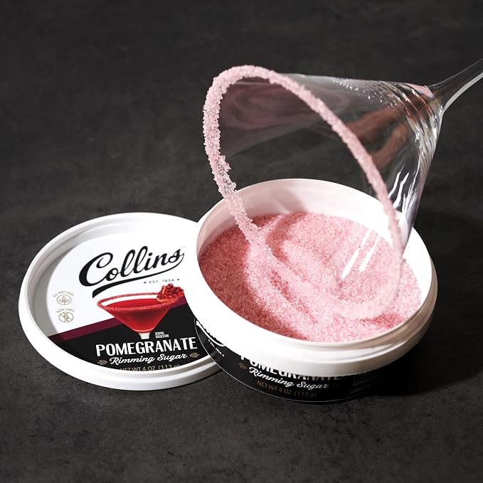Collins Pomegranate Rimming Sugar, Bright & Tangy Cocktail Sugar Rim with Vibrant Ruby Hue, Grenadine Flavored Garnish for Martinis, Margaritas, Cosmos & Mocktails, 4 oz