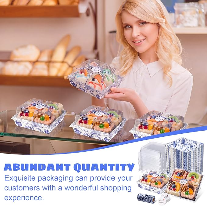 Outus 100 Pack Charcuterie Boxes with Clear Lids, 5.5 x 5.1'' Paper Dessert Boxes to Go with Gift Tags Rope Disposable Party Treat Food Containers for Cookies, Donuts, Muffins, Salad, and Pastry