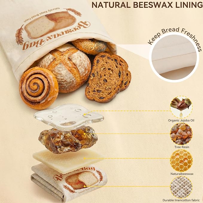 2 Pack Beeswax Bread Bags for Sourdough, Reusable Natural XL Linen Beeswax Bread Bag for Homemade Sourdough 17 x 13 Inches Freezer-Friendly Large Capacity Portable