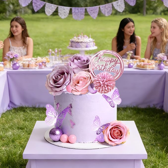 Flower Cake Toppers, Happy Birthday Rose Gold Cake Decorations with Artificial Flowers Butterfly Balls for Wedding Baby Shower Birthday Party Supplies (Purple)