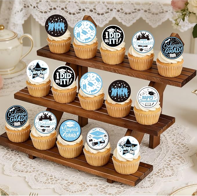63 PCS Edible 2026 Graduation Cupcake Toppers Wafer Paper Class of 2026 Cake Decorations Edible Diploma Congrats Grad Cap Cupcake Picks for 2026 Colleage Graduation Theme Party Supplies Light Blue
