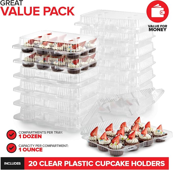 Stock Your Home Mini Disposable Plastic Cupcake Containers (20 Pack) 12 - Count Tray Compartment, Small or Mini Cupcakes Box/Holder/Carrier with Clear Connected Dome Lid, BPA Free