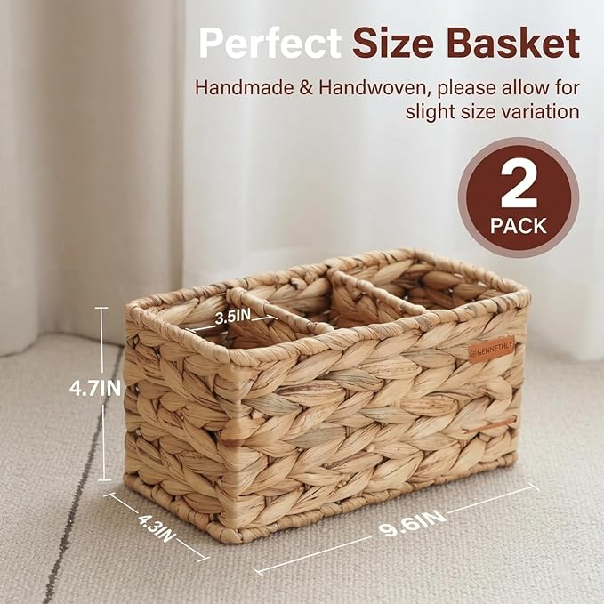 Water Hyacinth Wicker Baskets for Storage, Handwoven Rattan Shelf Basket with 3 Divided Compartments for Organizing Pantry Closet Wardrobe, 100% Natural Decorative Woven Organizer Bin, 2 Pack