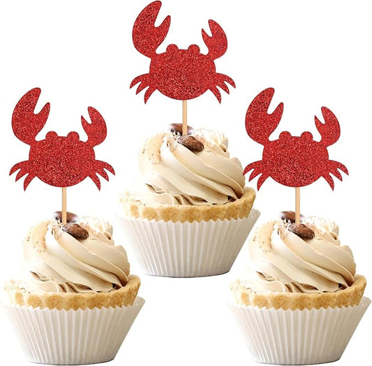 24 PCS Crab Cupcake Toppers Red Glitter Ocean Crab Cupcake Picks Seafood Ocean Animal Theme Baby Shower Kids Birthday Party Cake Decorations Supplies