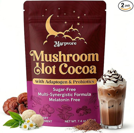 Mushroom Hot Cocoa Powder with Magnesium Glycinate, L-Theanine, Ashwagandha, Reishi, Probiotics, Cacao Powder Organic Hot Chocolate Supplement for Sleep, Relax, Digestion, Vegan 2-Pack