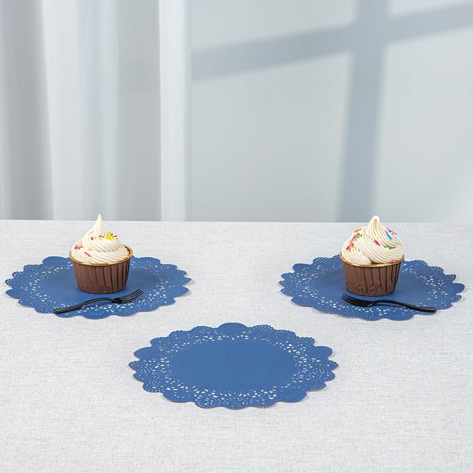 Restaurantware-Pastry Tek 8 x 8 Inch Paper Lace Doilies, 100 Disposable Table Doilies - Elegant Lace Finish, Long Lasting, Navy Blue Paper Placemat, for Pastries, Cupcakes, Desserts