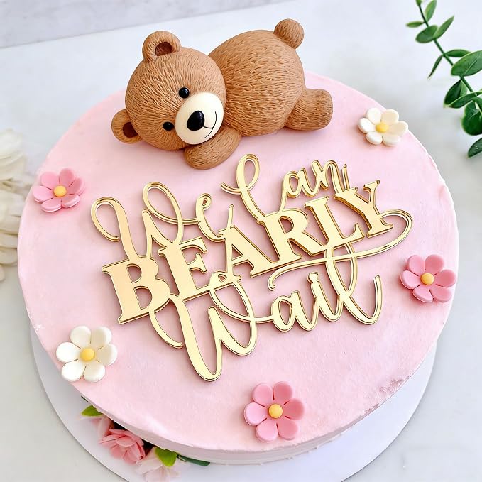 "We Can Bearly Wait" Baby Shower Cake Topper, Gold Acrylic Bear Theme Party Cake Topper, Welcome Baby,Pregnancy Announcement,Baby to Be for Baby Shower Party Supplies,Gender Reveal Photo Props