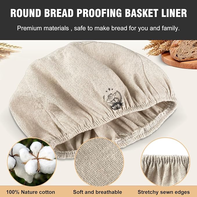 WALFOS Bread Basket Liner Cloth, 9 inch round bread proofing basket cloth liner, Baking Dough Basket Cover Natural Rattan Banneton Proofing Cloth 2 Packs