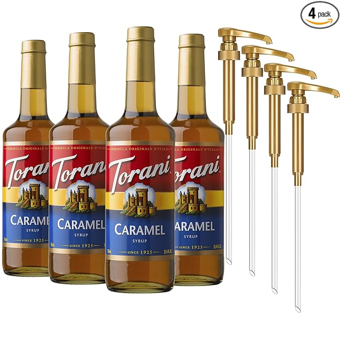 Torani Caramel Coffee Syrup for Drinks & Desserts, Glass Bottle 4-Pack, Pumps Included, 25.4 Fl Oz Ea