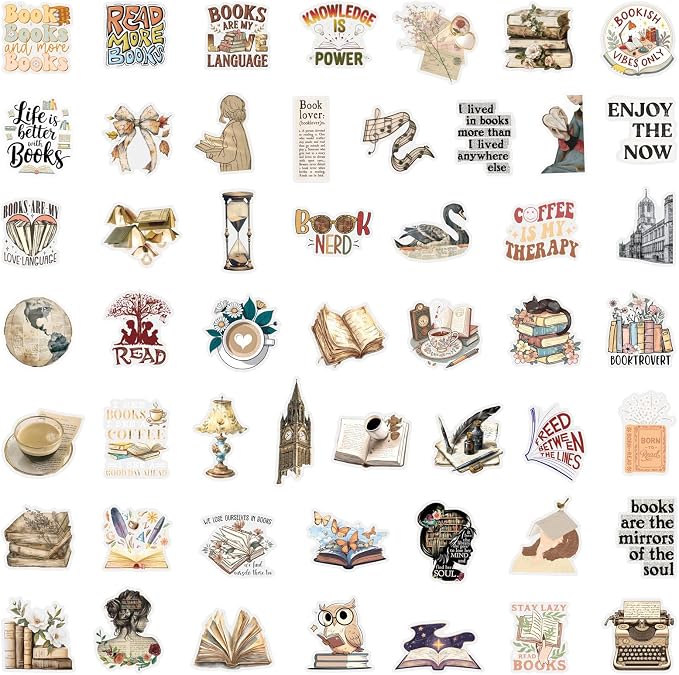 50 Pcs PET Clear Retro Reading Stickers - Book Lover Theme Waterproof Vinyl Decals for Laptops, Luggage, Literary Decor (Retro Reading)