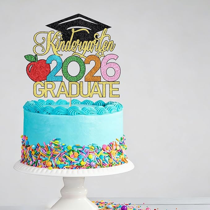 Kindergarten 2026 Graduate Cake Topper, Chirldren Graduation Cake Decorations, Preschool Kindergarten Graduations Party Decoration, Glitter Grad 2026 Happy Graduation (Black Gold)