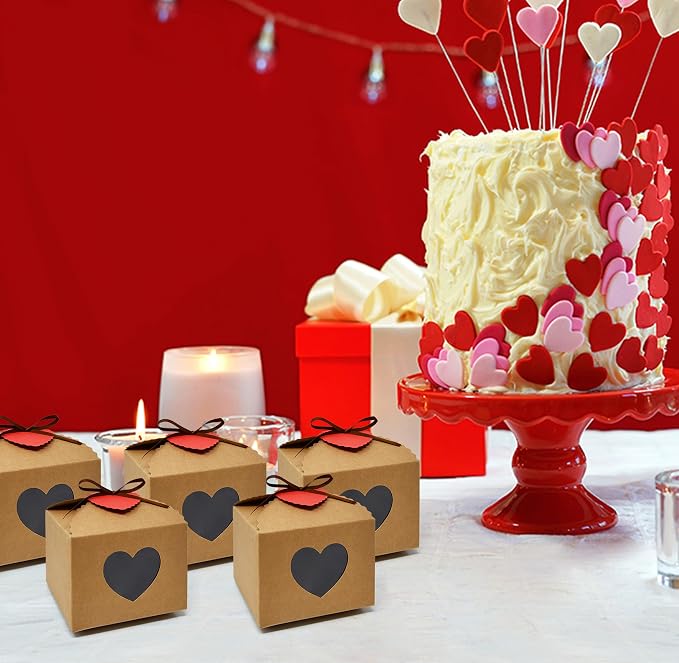 Gift Boutique Heart Gift Boxes 24 Pack Kraft Paper Favor Boxes with Heart Window Ribbon and Tags for Candy Cookies Treats Weddings Showers Party Favors