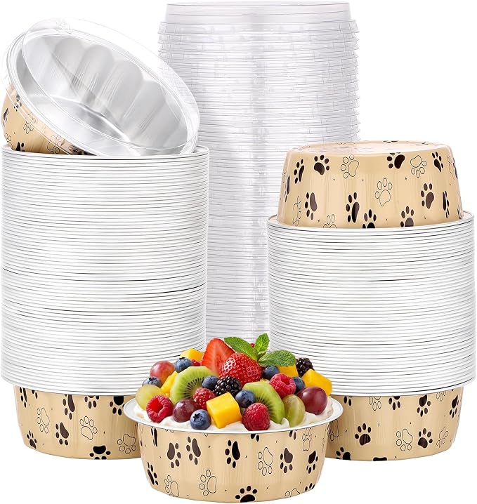 Beasea 8 oz Ramekins with Lids, 120 Pack 8oz Disposable Aluminum Foil Creme Brulee Baking Cups, Round Muffin Mini Pudding Cups Tins Individual Cupcake Containers for Party Birthday - Cat Claws