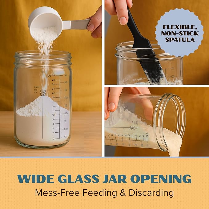 Sourdough Starter Jar Kit 34oz - Wide Mouth Glass Jar with Thermometer Strip, Feeding Day Tracker, Silicone Spatula, Cloth Cover, Measuring Cups & Metal Lid for Homemade Artisan Sourdough Bread Baking