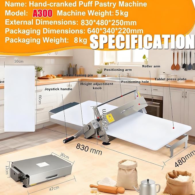 Croissant Dough Laminator:Manual,Folding Dough Roller Sheeter, Stainless Steel Dough Machine-Thickness Adjustable,Table Top Fondant Pizza Pastry Sheeter A300Manual