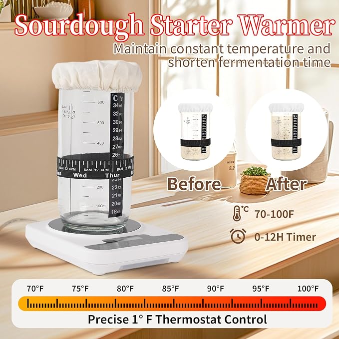 Sourdough Starter Kit with Warmer, Round Banneton Proofing Basket & Glass Jar, Complete Bread Baking Supplies, Home Kitchen Baking Set, Gift for Beginner Bakers Women Mom Wife