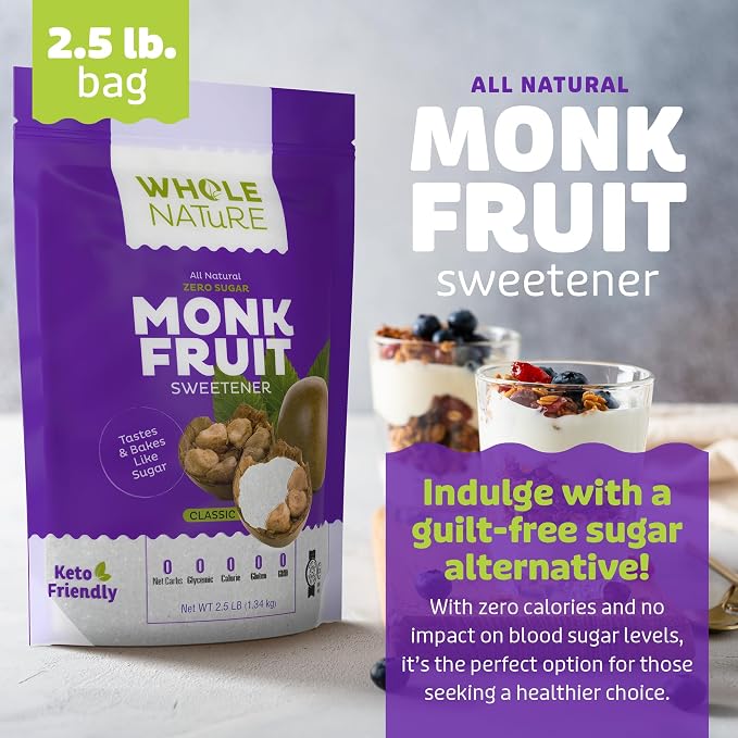 Whole Nature 100% Monk Fruit Sweetener With Erythritol Granulated - 2.5lb Pure Monkfruit Sweetener With Erythritol - Paleo & Keto Friendly Zero Calorie Sugar Substitute Healthy Sugar Alternative - 40 oz Pouch