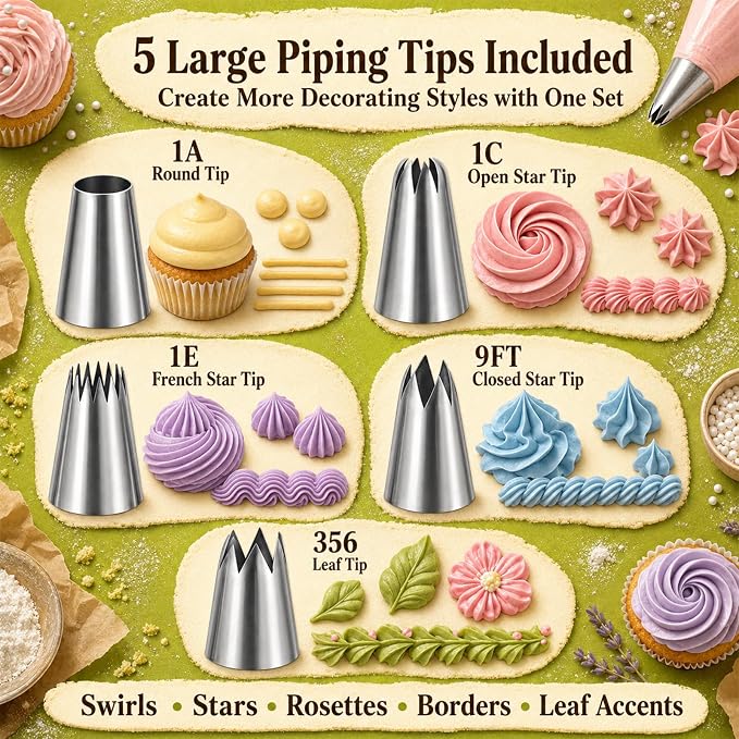 Suuker Large Piping Tips Set, Stainless Steel | 5 Pieces, 1A 1E 1C 9FT 356