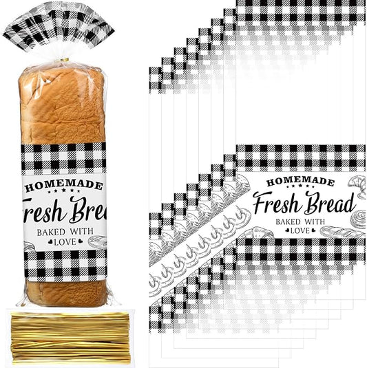 Containlol 50 Pack Bread Bags for Homemade Bread with Twist Ties, Clear Plastic Bakery Bags with Black Buffalo Plaid Design for Sourdough, Cookies, Rolls, Home Bakers Gift Packaging