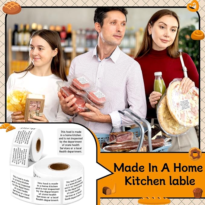 500 Count Cottage Food Law Labels Stickers Made in a Home Kitchen Decal 1.5” Square Food Stickers Thermal Printed Labels for Home Kitchen Bakery Bread Sourdough