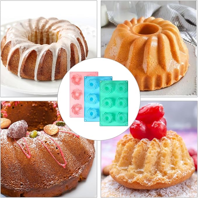 3 PCS Mini Bundt Cake Pans for Baking, 6-Cavity Fluted Tubular Mini Cake Pans, Silicone Molds for Baking, Ideal for Brownies, Cookies, Cupcakes, Jellies, Muffins, Donuts(Spiral Shape)
