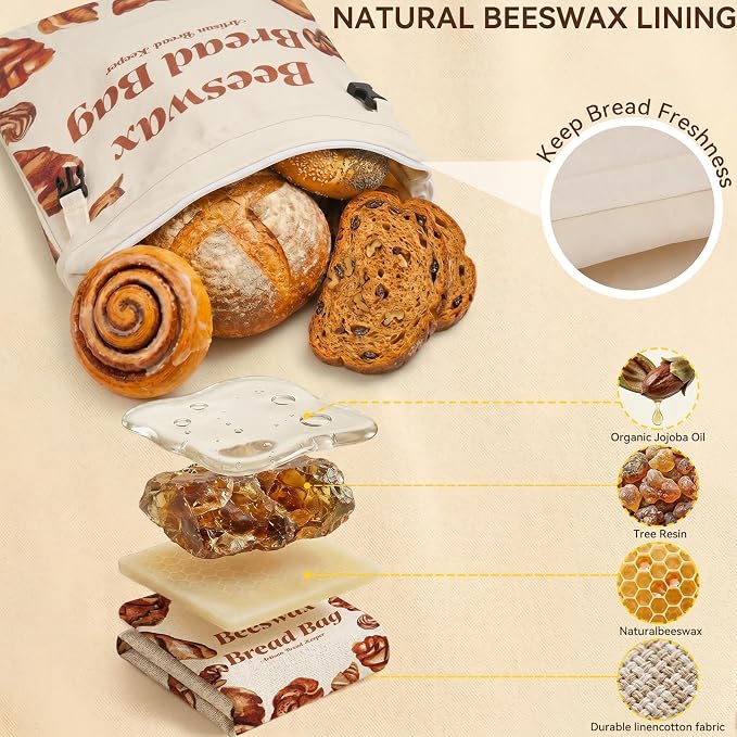 2 Pack Beeswax Bread Bags for Sourdough, Reusable Natural XL Linen Beeswax Bread Bag with Zipper for Homemade Sourdough, 17 x 13 Inches Freezer-Friendly Large Capacity Portable