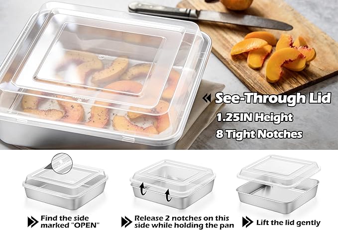 Leonyo Stainless Steel 8x8 Baking Pan with Lids, 2 Set Metal 8IN x 8IN Square Cake Pans with Lids, Commercial Brownie Pans Baking Dish for Lemon Bars, Dishwasher Safe(Except for Plastic Lids)
