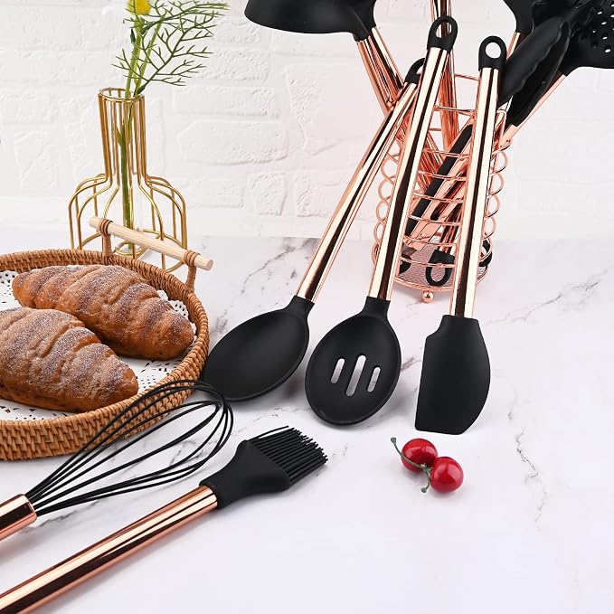 1pc Black & Copper Silicone Egg Whisk, Balloon Egg Beater, Stainless Steel Handle Cooking Utensils for Blending Whisking Beating Stirring Cooking Backing