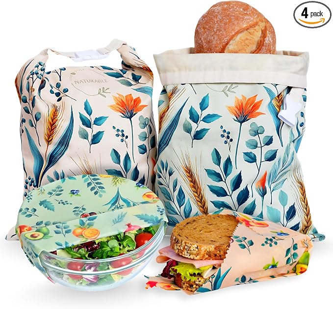 Beeswax Bread Bag for Homemade Bread & Beeswax Wrap Set, 2 XL Sourdough Bread Bags + 2 Beeswax Wraps for Food | Keep Bread Fresh, Breathable, Reusable & Less Waste Storage for Home Bakers