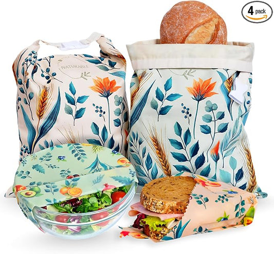 Beeswax Bread Bag for Homemade Bread & Beeswax Wrap Set, 2 XL Sourdough Bread Bags + 2 Beeswax Wraps for Food | Keep Bread Fresh, Breathable, Reusable & Less Waste Storage for Home Bakers