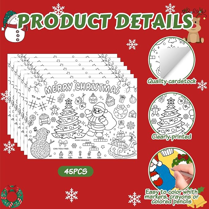 45pcs Christmas Disposable Coloring Placemats Xmas Crafts for Kids Christmas Party Favors Coloring Poster Holiday Party Supplies School Classroom Activities Paper Table Mats