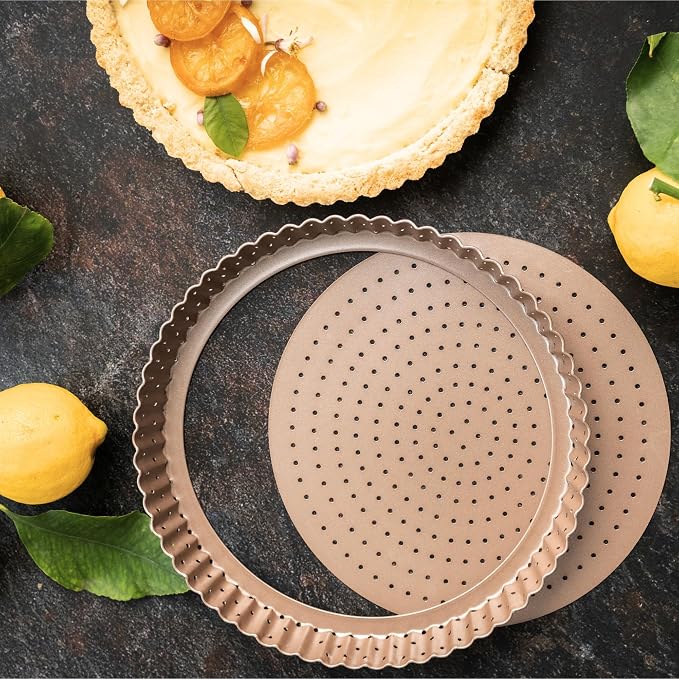 HAPPIELS 9in Tart Pan with Removable Bottom Nonstick, PFOA & BPA Free | Non Toxic Fluted Pie & Quiche Tin | Best Perforated Non Stick Nontoxic 9in Molds with Holes for Oven Baking