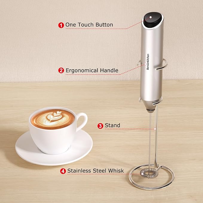 Bonsenkitchen Powerful Milk Frother with Stand for Coffee, Fast Handheld Drink Mixer with Stainless Steel Whisk, Battery Operated Hand Frother Stirrer Wand-Silver