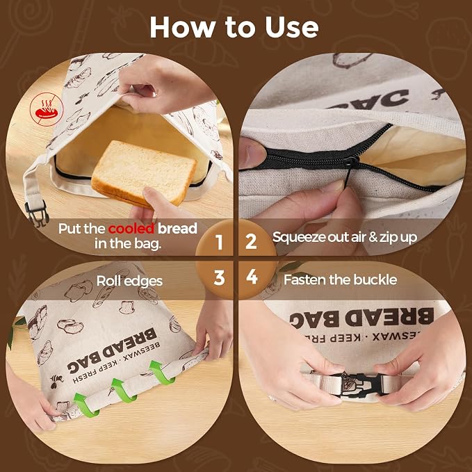YARRAMATE Reusable Beeswax Bread Bags for Homemade Bread & Sourdough, 2 Pack XL 17x13in Linen Organic Bread Storage Bags with Zipper for Loaf, Baguette, Bagels and Sandwich Bread, Freezer Safe, Brown