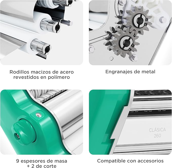 PASTALINDA Classic 260 Pasta Maker Machine, 26 cm Wide Rollers, 9 Thickness Positions, 2 Cutting Positions, Stainless Steel. Includes Reinforced Hand Crank And Two Clamps (Green)