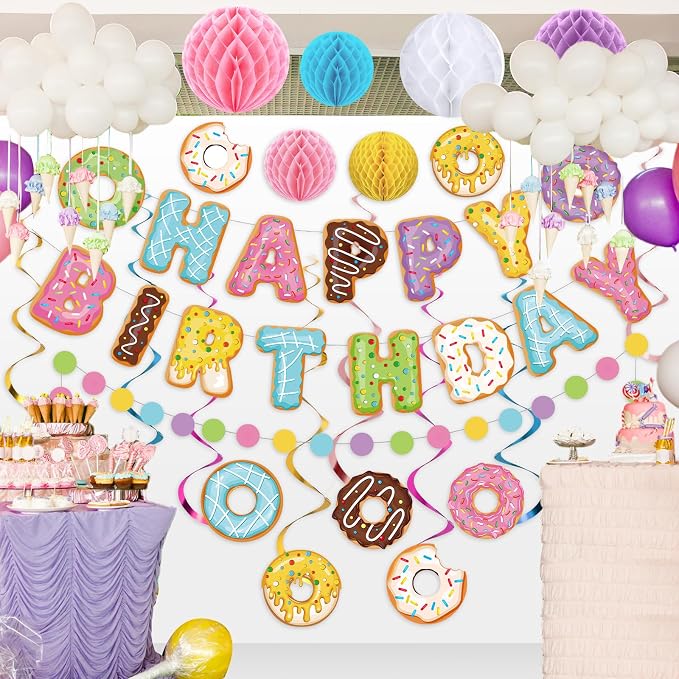 Pasimy 34 Pcs Donut Happy Birthday Banner Donut Party Decorations Doughnut Grow Hanging Swirls Candyland Wall Decor Honeycomb Balls and Dot Garland for Doughnut Birthday Baby Shower Party Supplies
