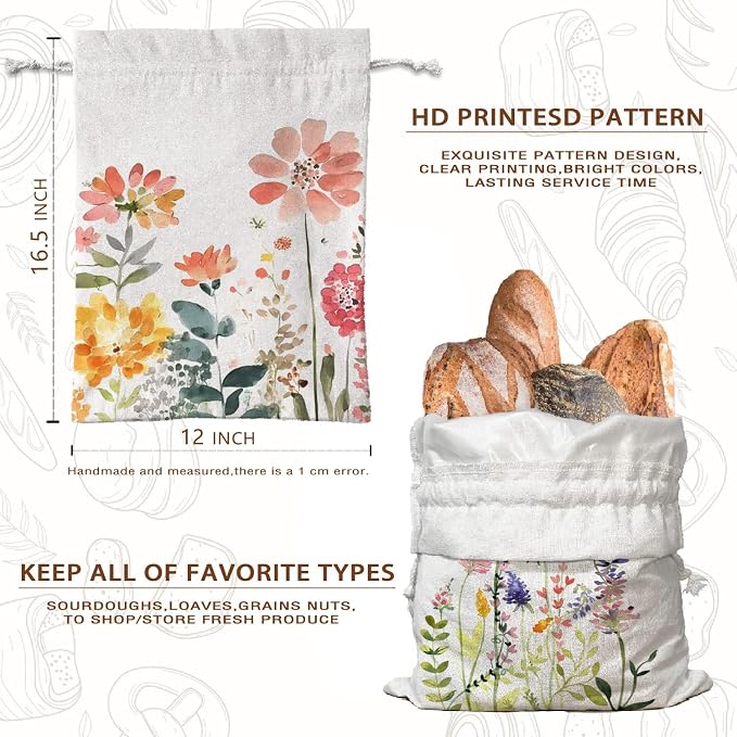 UTELKA Reusable Linen Bread Bag, Homemade Bread Sourdough Bags 2Pcs | Wildflower Beeswax Bread Bag,Flroal Large Bread Box for Baker, Focaccia Sandwich Bags,Baking Gifts,16.5x12
